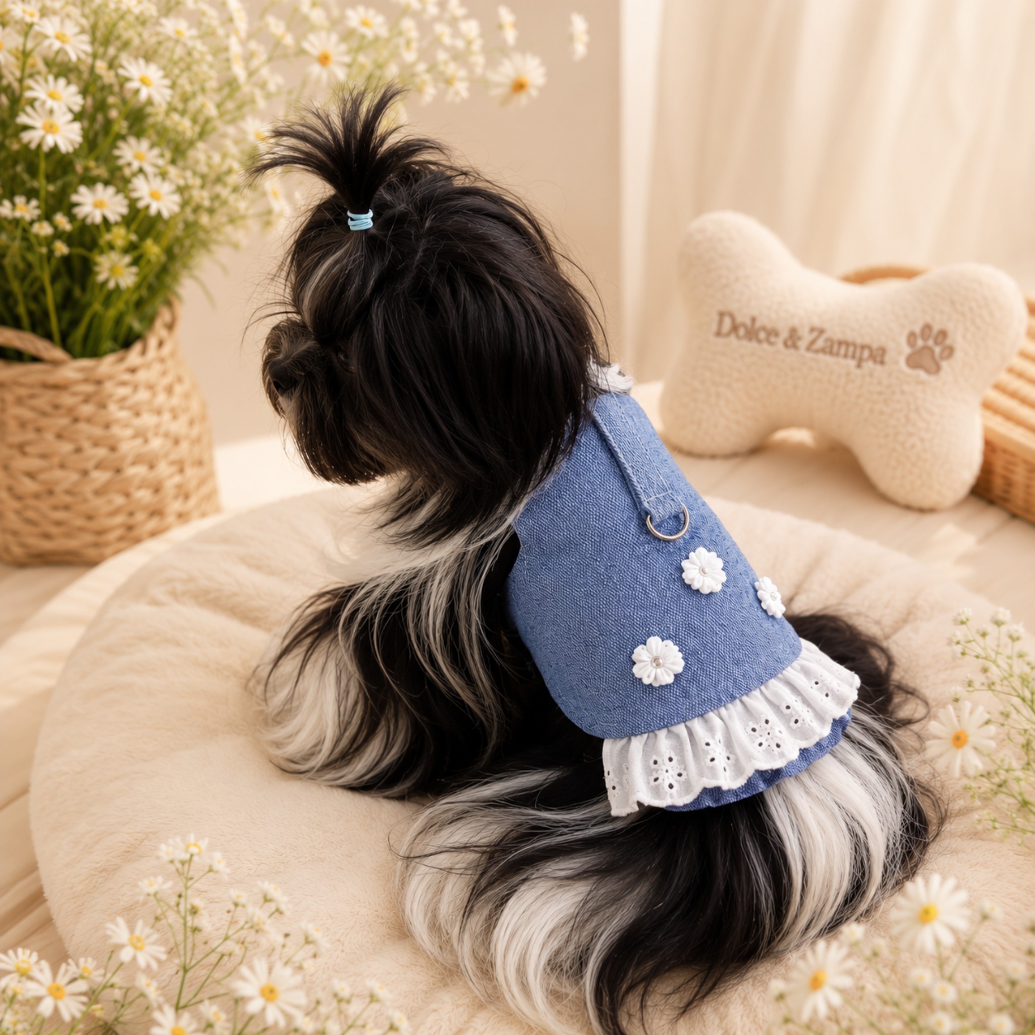 Pettorina per Cani Primavera Blue con Pizzo e Fiori